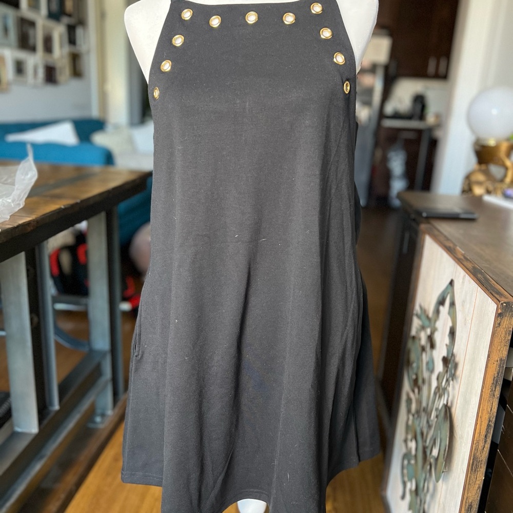 vfish Crystal Black Mini Dress with Gold Accents and POCKETS!
